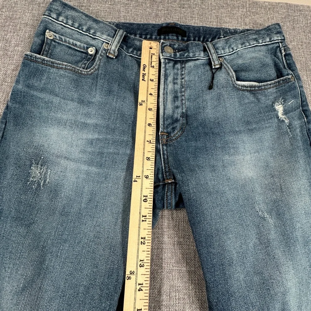 Uniqlo Slim Straight Low Jeans Mens 32x31 Blue Distressed Kaihara Fabric Denim